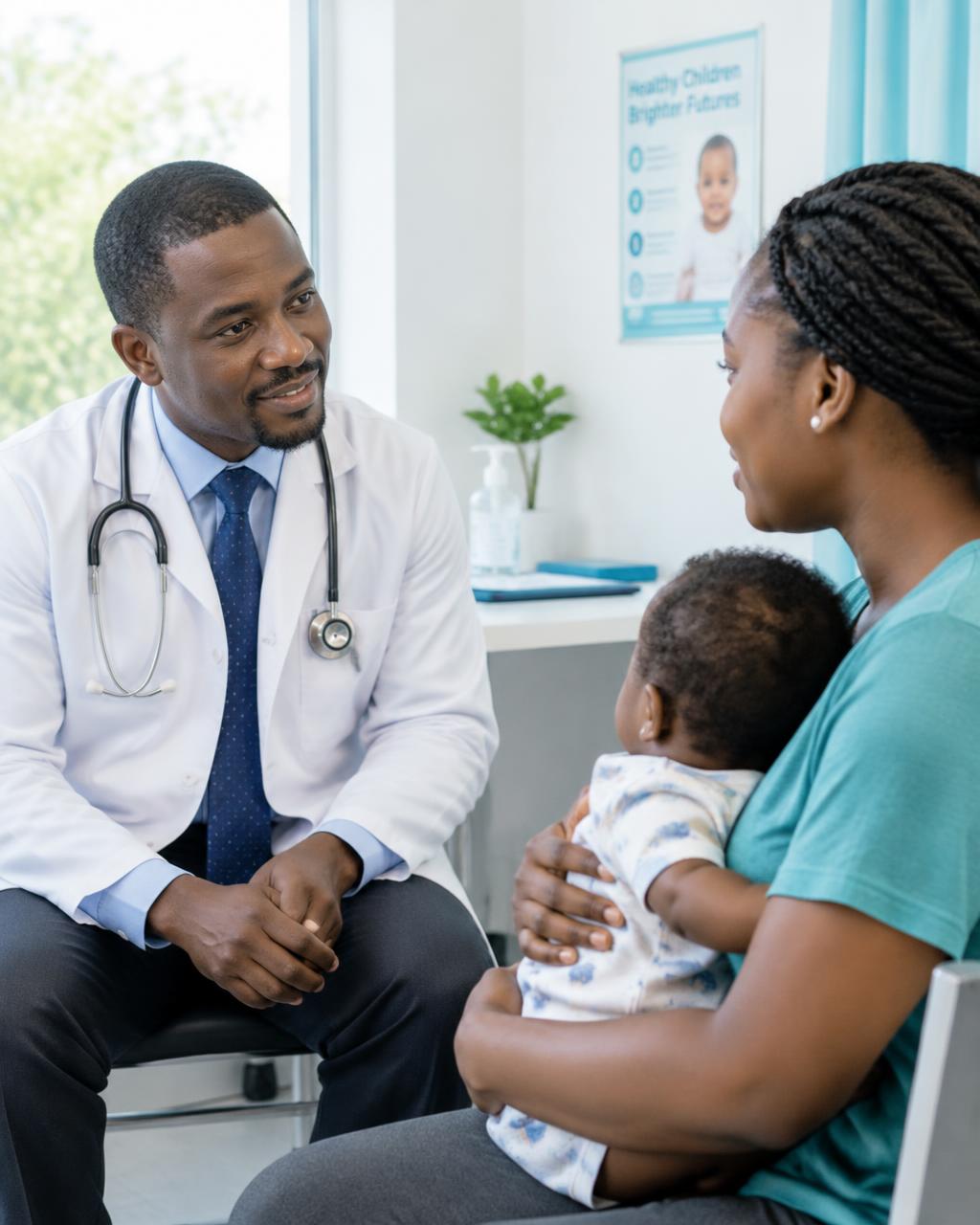 Médecin en consultation avec une maman et son bébé